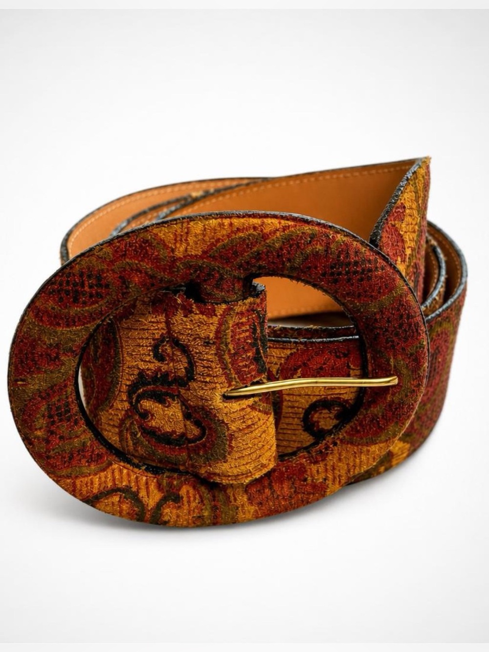 Jenny& The Boys Leather & Tapestry Paisley 2” W Belt, Oval Buckle, brown/grn, M